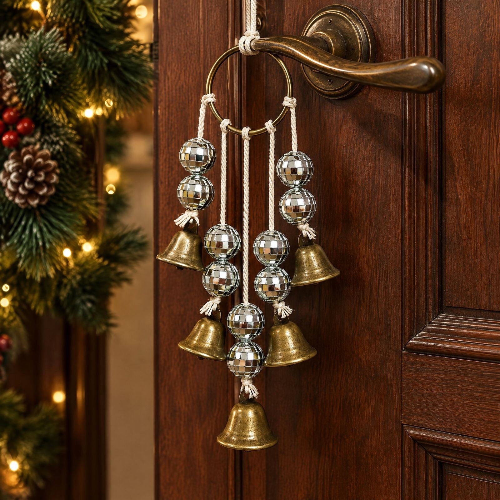 Window Merror Design Silver Christmas Bells Garland with Mirror Ball Ornaments, 14.1