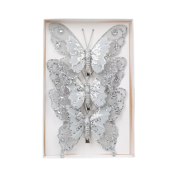 Silver Christmas Butterfly Ornaments, 3 Pcs Glitter Hanging Decorations for Xmas Tree, Holiday Home Party Decor