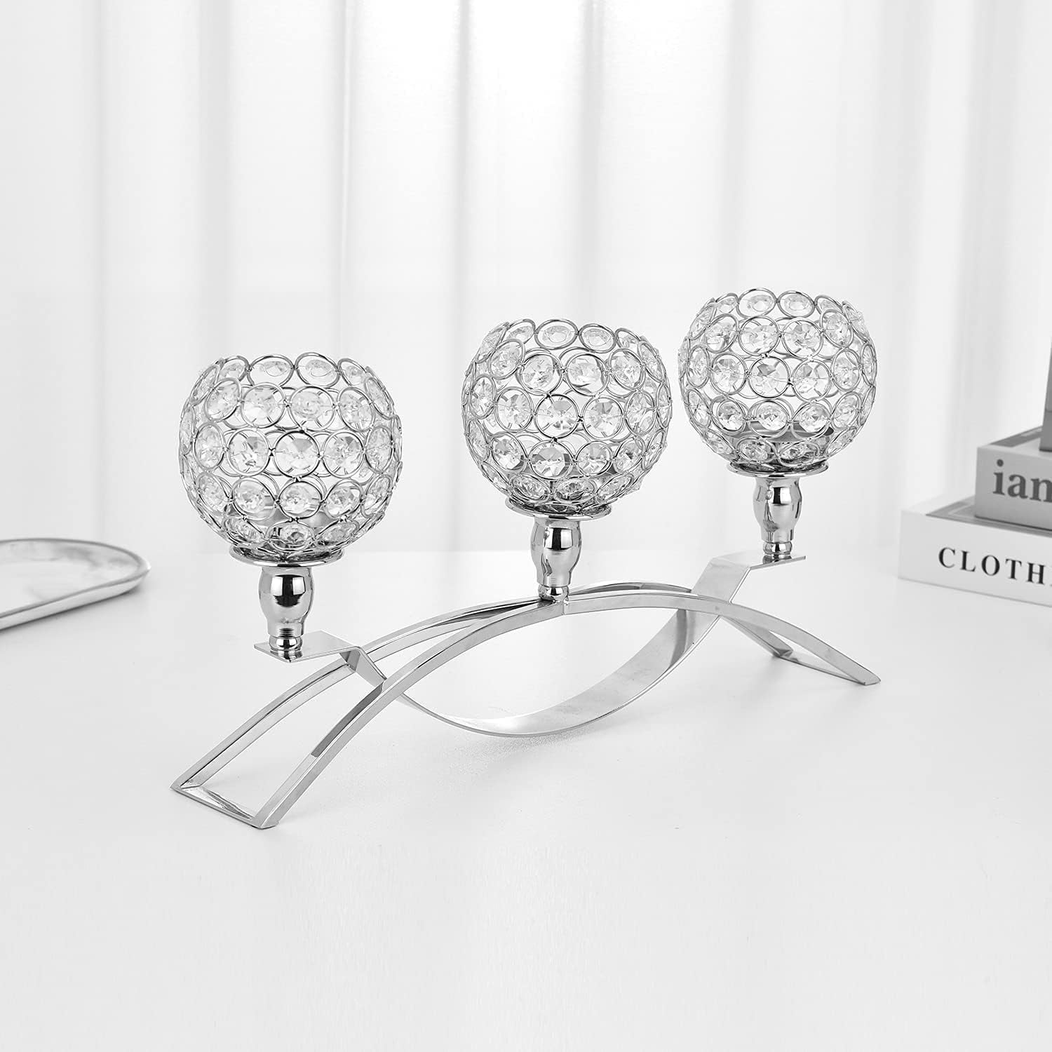 Silver Christmas Candle Holders Centerpiece for Table, 3 Arms Tea Light