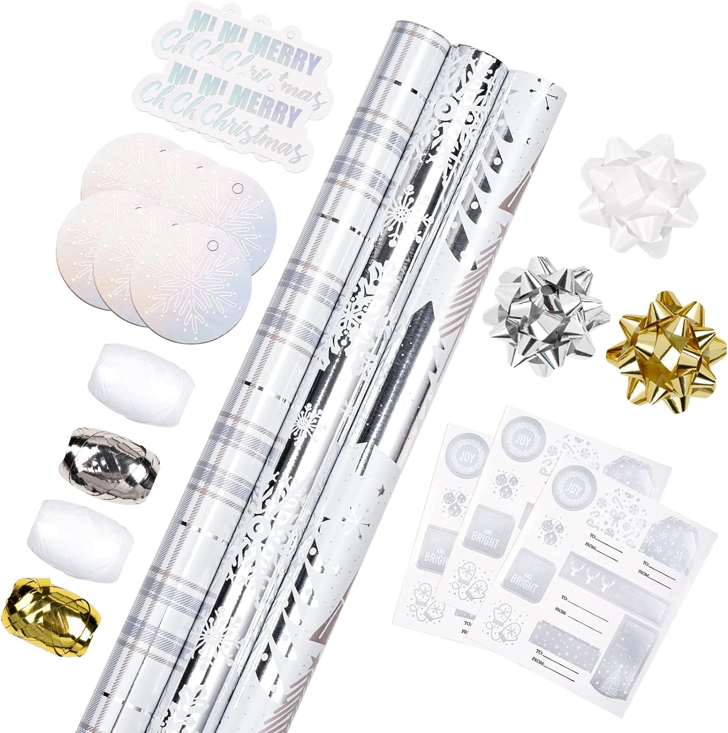 Silver Christmas Gift Wrapping Kit Metallic Foil Design with Tree