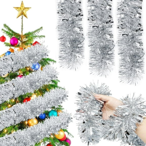 Silver Christmas Tinsel, 6 Pcs 6 Feet Long Xmas Thin Tinsel, Tinsel Christmas Tree Decorations, Silver Tinsel Garland for Christmas Party Indoor and Outdoor Decorations(Silver）