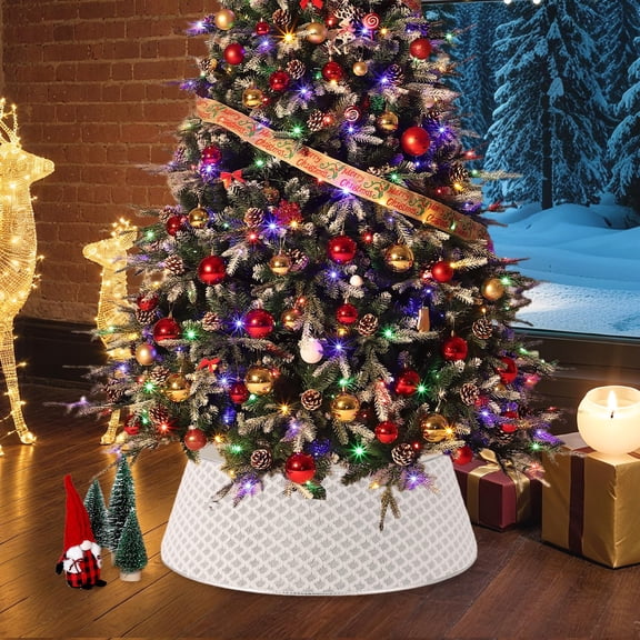 Silver Christmas Tree Collar, 33Inch Quilted Christmas Tree Skirt with 2 Clips, Soft Festive Holiday Tree Stand Base Cover, Holiday Skirt for Seasonal Home Dcor