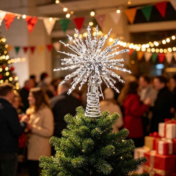 Silver Christmas Tree Top Ornament, Elegant Festive Crown Design, Sturdy Durable Easy Install Long Lasting Finish, Reusable Traditional Modern Christmas Tree Display