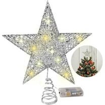 Silver Christmas Tree Topper Star with 20 LED Warm White Lights, 8" Hollow-Out Glittered Metal Star Tree Topper for Christmas Tree Decorations and Xmas Holiday Seasonal Décor, Battery Required