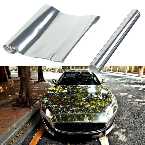 Silver Chrome Mirror Vinyl Wrap Film Car Sticker Decal Waterproof Anti-Scratch Bubble-Free Stretchable Vehicle Exterior Decoration 12x60 Inch