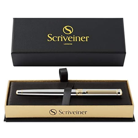 Silver Chrome Rollerball Pen Scriveiner - Stunning Pen with 24K Gold Finish, Ink