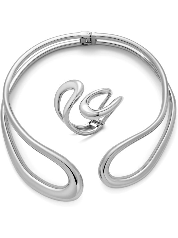 Silver Chunky Cuff Bracelets and Choker Necklace Set for Women Heavy Double Layer Teardrop Collar Necklaces and Open Bangle Bracelet Spring Metal Open Cuff Bracelet and Choker Necklace