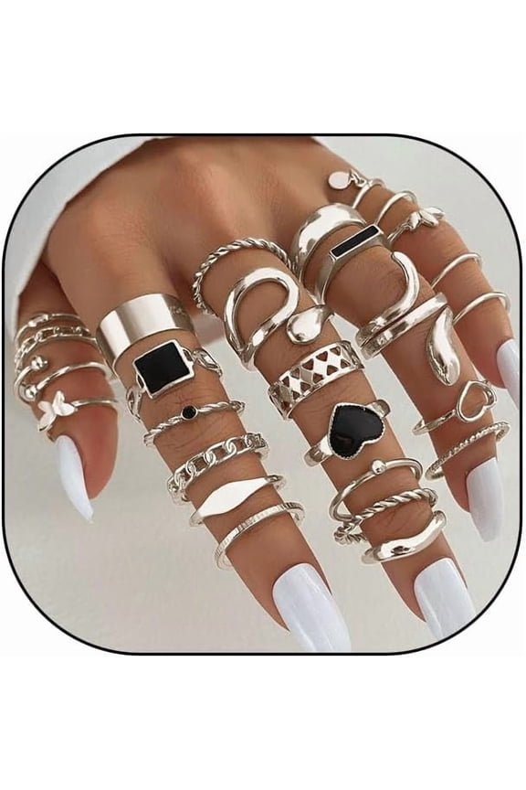 Silver Chunky Stackable Rings Set for Women Heart Shape Geometric Open Stacking Knuckle Ring Exaggerated Signet Rings Set Jewelry Gift