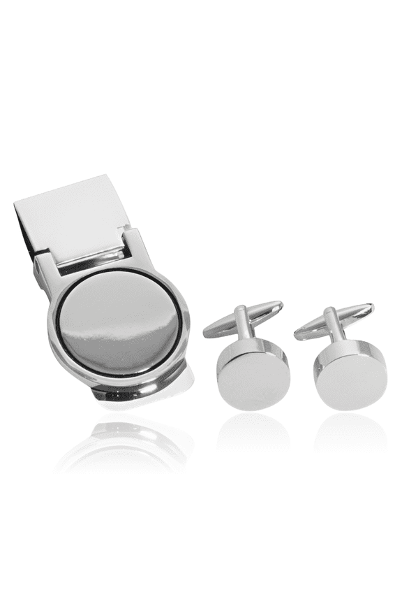 Silver Circular Engraved Personalized Cuff Link Money Clip for Men Set