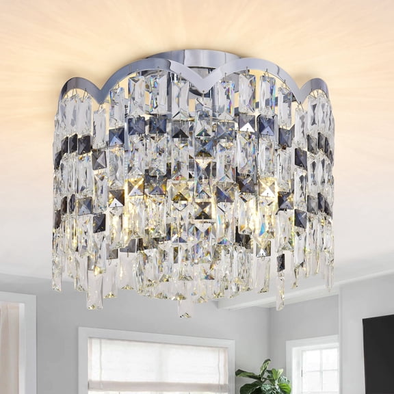 Silver Clear K9 Crystal Flush Mount Ceiling Light, 5-Light 14.6 Inch Round Close to Ceiling Crystal Chandelier Lighting Fixture for Bedroom Dining Room Kitchen Island Entryway Hallway