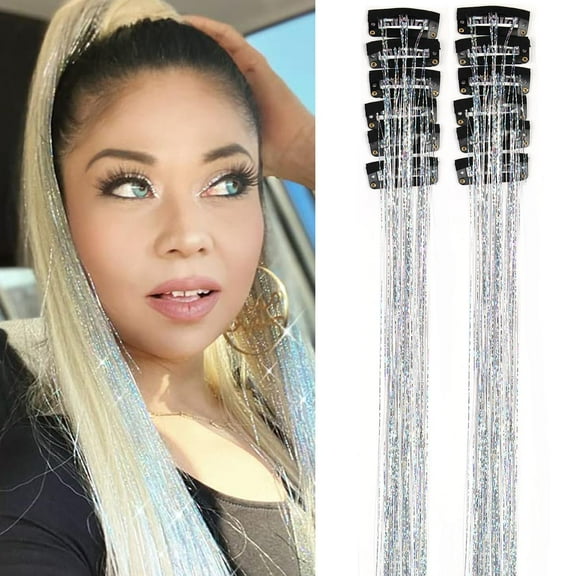 Silver Clip in Hair Tinsel Extensions Pack of 12 Pcs 24 Inch Glitter Heat Resistant Party Dazzle Fairy Hair Accessories Strands Kit(Silver, 24Inch 12Pcs)