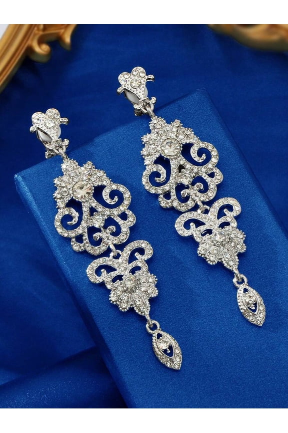 Silver Clip-On Dangle Earrings With Crystal Filigree Design For Women Wedding Bridal Jewelry