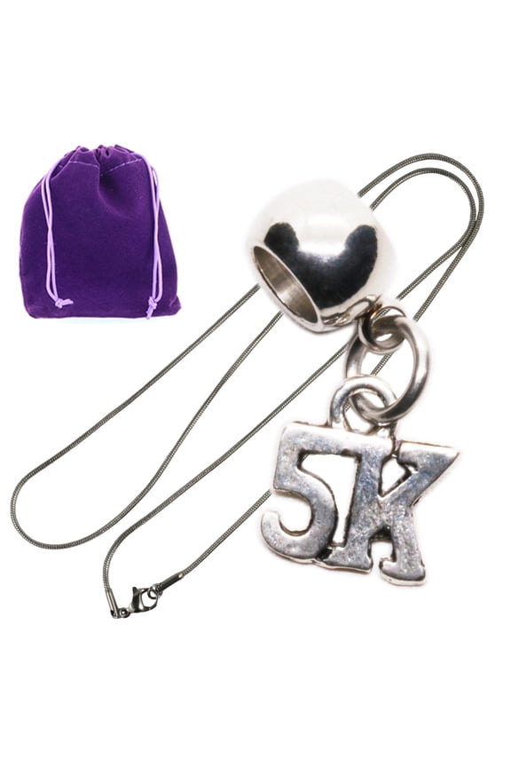 Silver Color 5K Race Charm Necklace for Running Fans, Minimalist Chain Track Stuff Keepsake Jewelry, Purple Pouch Gift for Proud Running Stuff Finishers