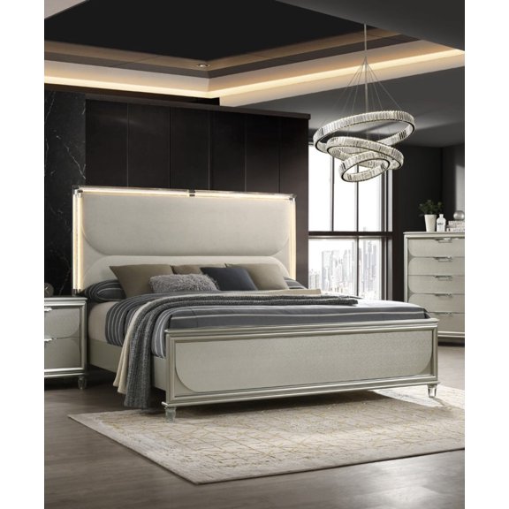 Silver Color Contemporary Style Queen Size Bed w LED Upholstered HB Solid Rubberwood Bedroom Furniture 1pc Bed