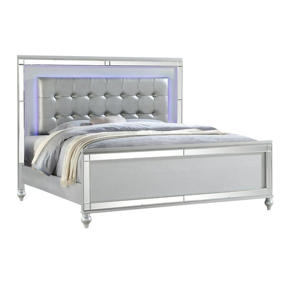 Silver Color King Bed With Led, Functional Bedroom Furniture Silver Modern Fascination