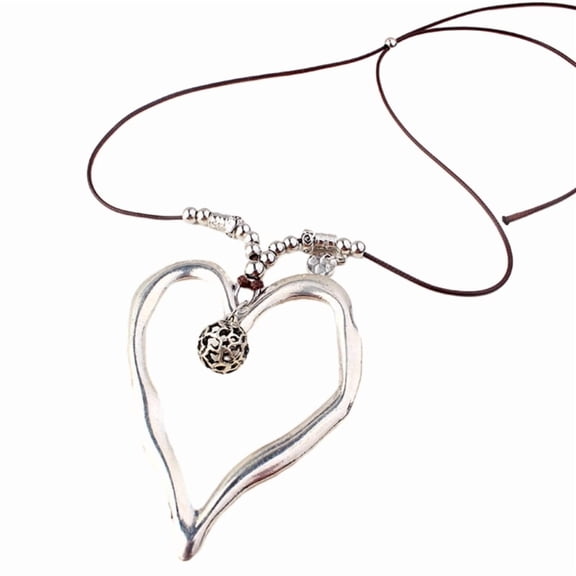 Silver Color Large Abstract Hollow Heart Pendant Necklace Long Leather Rope Statement Necklace Jewelry Gift for Women