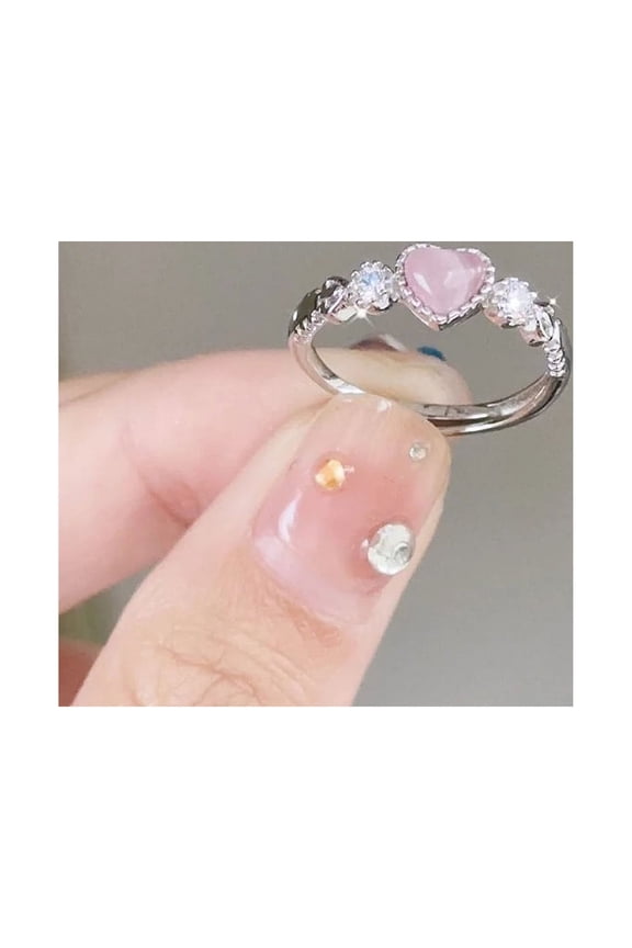 Silver Color Ring Pink Heart Opal Creative Finger Ring Vintage Aesthetic Cute Punk Rings For Women Charm Jewelry Accessories