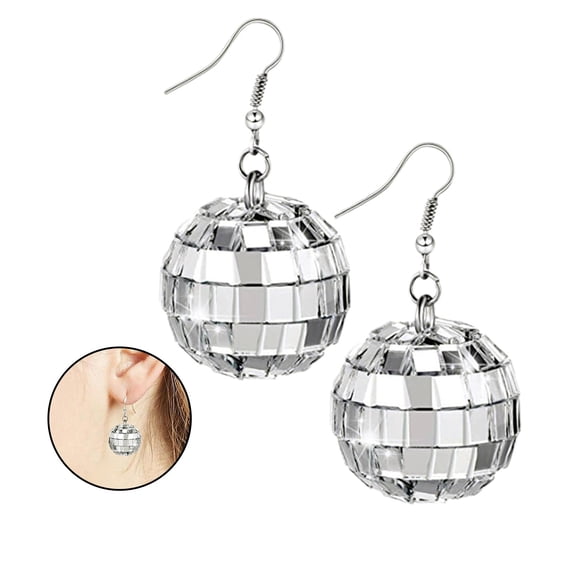 Silver Color Shiny Disco Ball Dangle Earrings Jewelry Retro Round Drop Earrings A4Q4