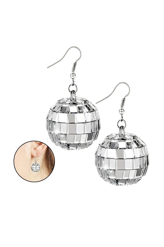 Silver Color Shiny Disco Ball Dangle Earrings Jewelry Retro Round Drop Earrings L9S7