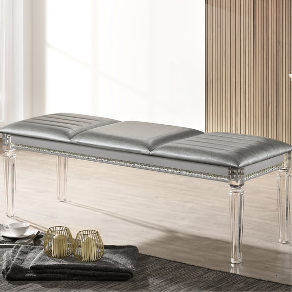 Silver Colored Bedroom Bench With Solid Wood Construction And Acrylic Legs Contemporary Crystal Accents For Decoration