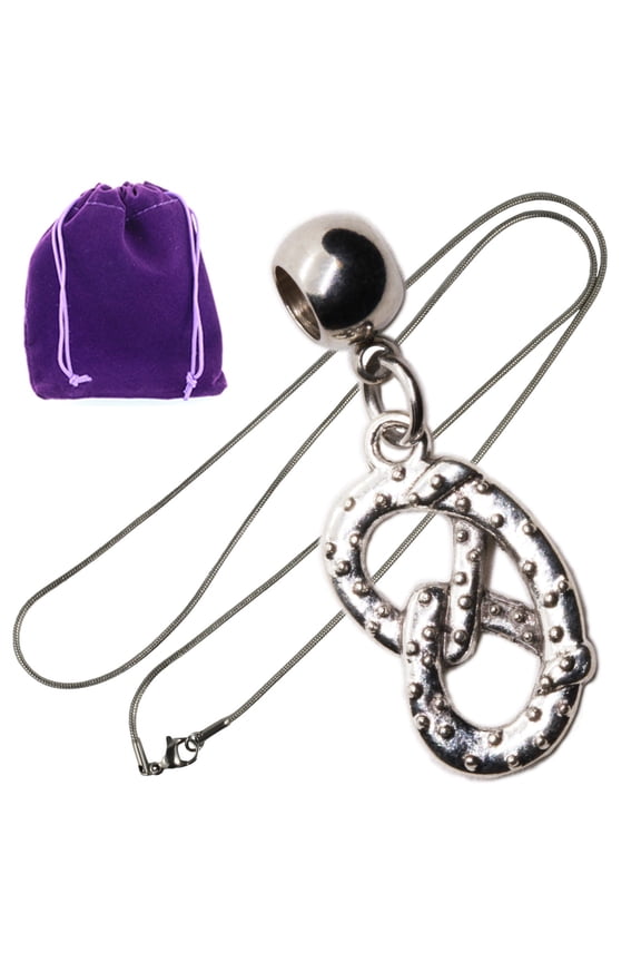 Silver Colored Pretzel Pendant Necklace with Gift Pouch, Playful Food Charms Jewelry for Snack Lovers, Cute Food Gift for Pretzel Fans and Fun Outfit Style