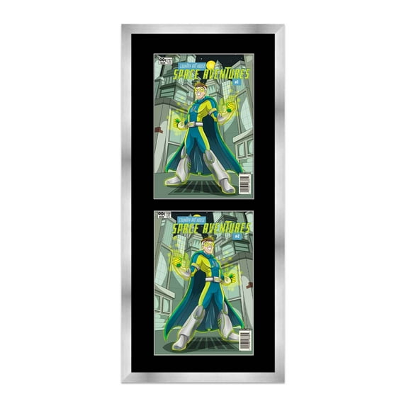 Silver Comic Book Frame with Black Mat - 2 Openingss to Display 3 6.875"x10.5" Current Era Comic