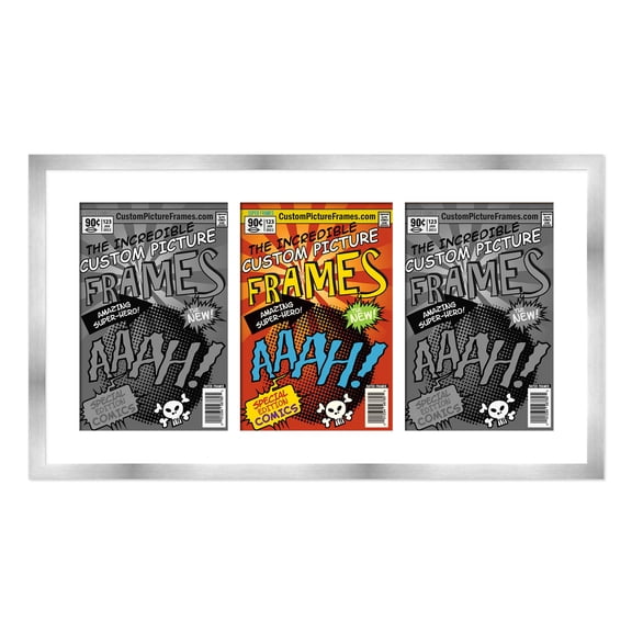 Silver Comic Book Frame with White Mat - 3 Openings to Display 3 6.875"x10.5" Current Era Comic