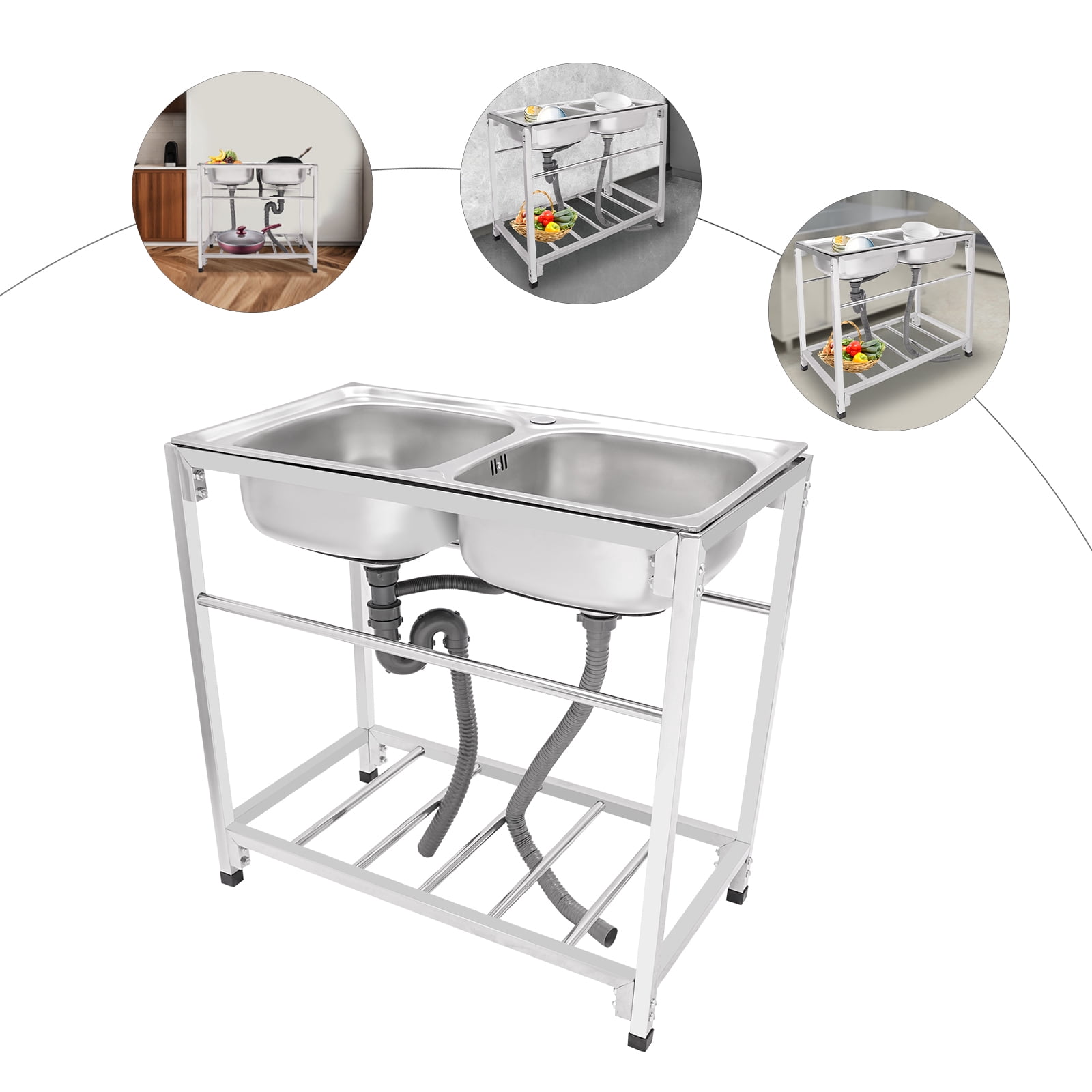 Silver Commercial Stainless Steel Sink Kitchen Stainless Steel Freestanding Double Bowl Utility Sink