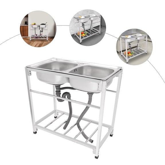 Silver Commercial Stainless Steel Sink Kitchen Stainless Steel Freestanding Double Bowl Utility Sink