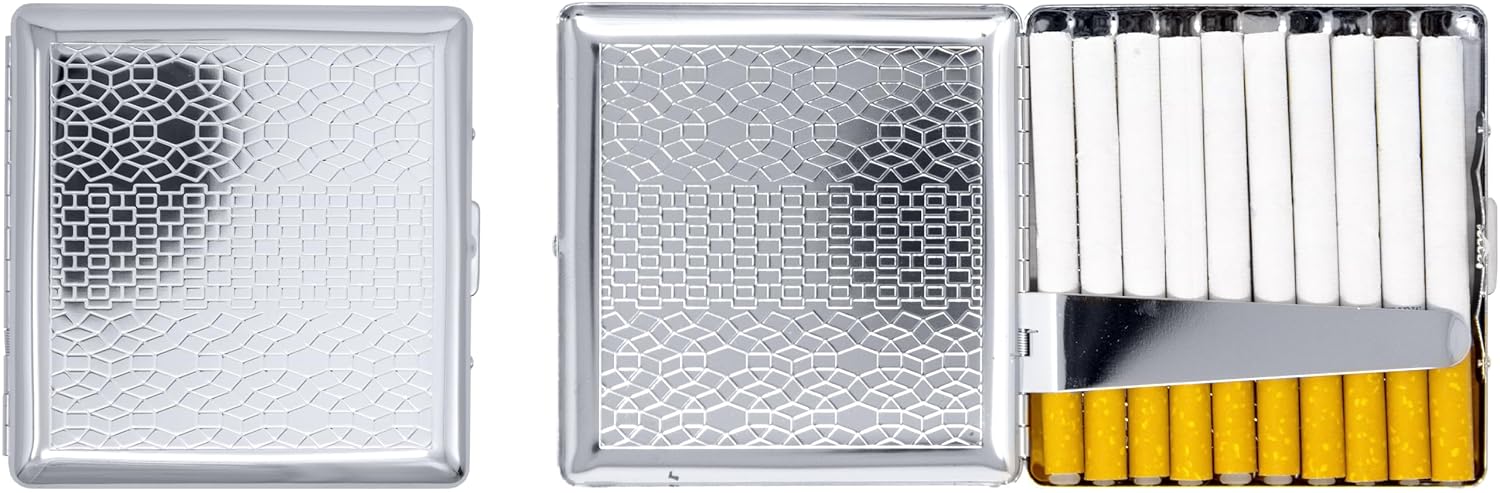 Set of 2 Compact Metal-Plated King Size Cigarette Case & Stash Box (Silver Abstract Brick)