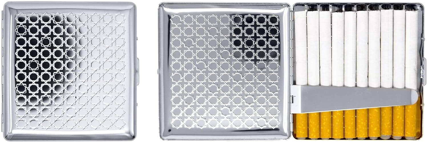 Set of 2 Compact Metal-Plated King Size Cigarette Case & Stash Box (Silver Octagon)