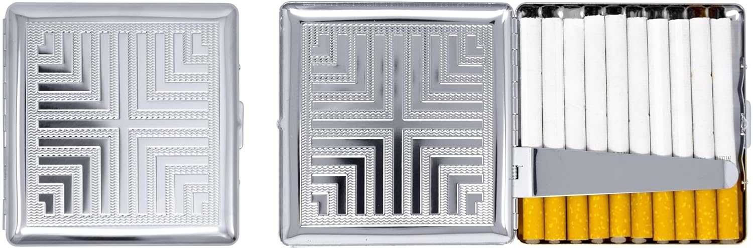 Set of 2 Compact Metal-Plated King Size Cigarette Case & Stash Box (Silver Cross Pattern)