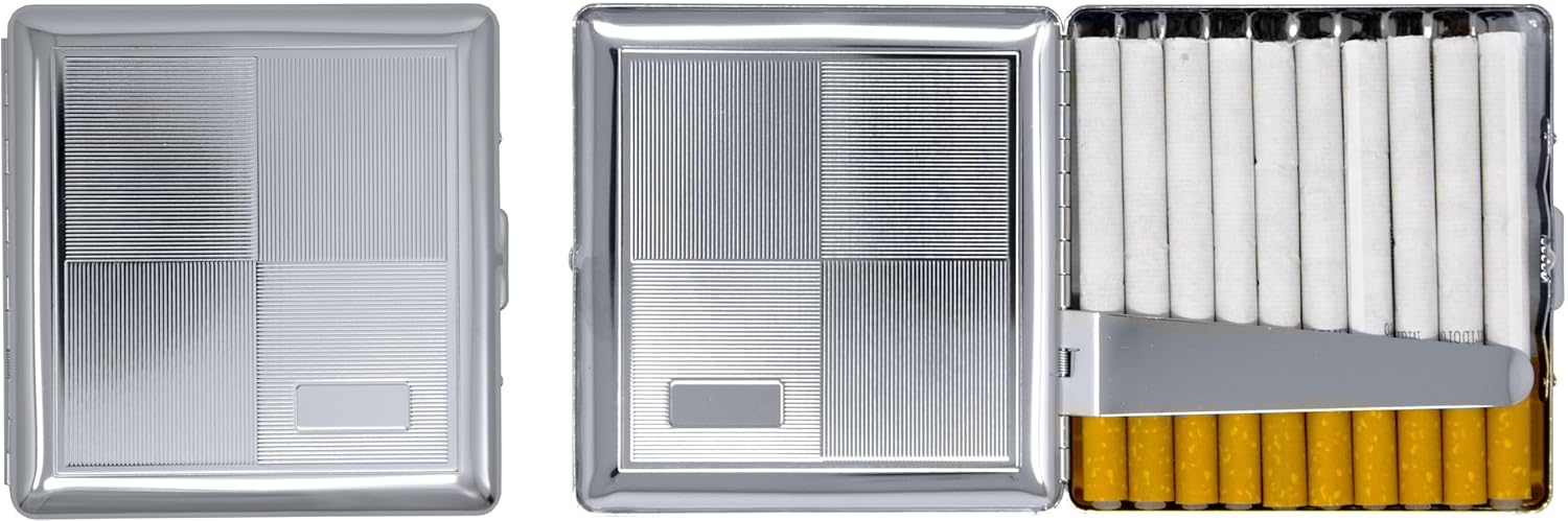 Set of 2 Compact Metal-Plated King Size Cigarette Case & Stash Box (Silver Four Square)