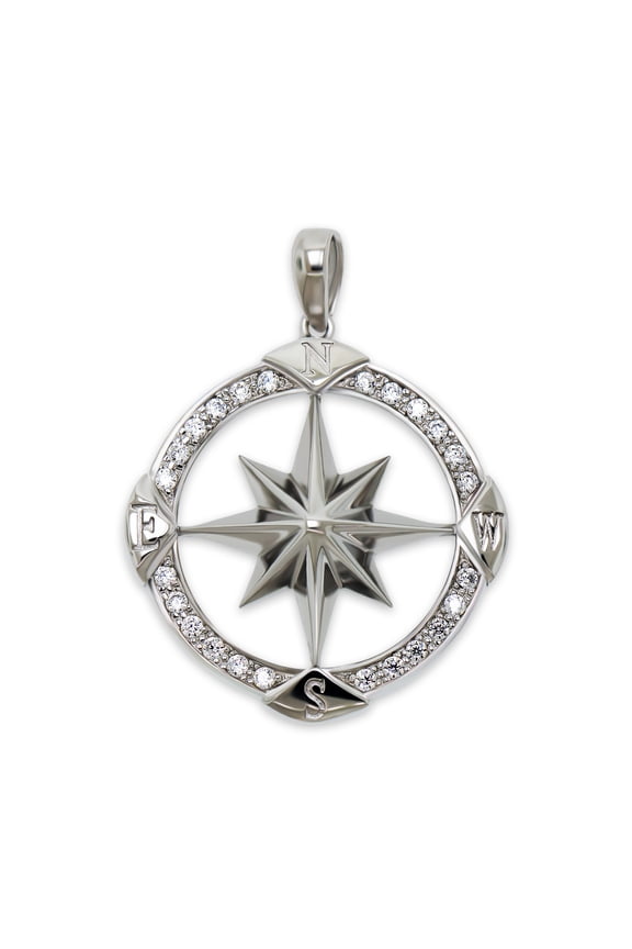 Silver Compass Pendant Charm - 925 Sterling Silver - Cubic Zirconia - Nautical Jewelry - Compass Jewelry