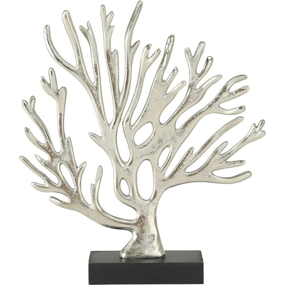 Silver Coral Figurine, Abstract Contemporary Art, Polished Aluminum, Hand Cast, Black Gallery Base, 10.25 L x 2.5 W x 11.5 H Inches