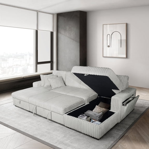Silver Corduroy U-Shaped Sectional Sofa with Storage Chaise, USB Port and Pillows, Modern Living Room Convertible Sofa