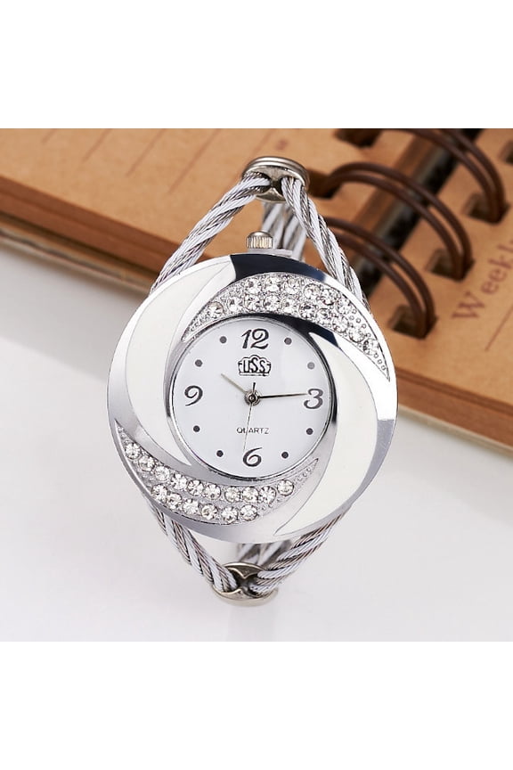 Silver Crescent Crystal Bangle Watch with White Dial, Classic Women’s Quartz Bracelet Watch