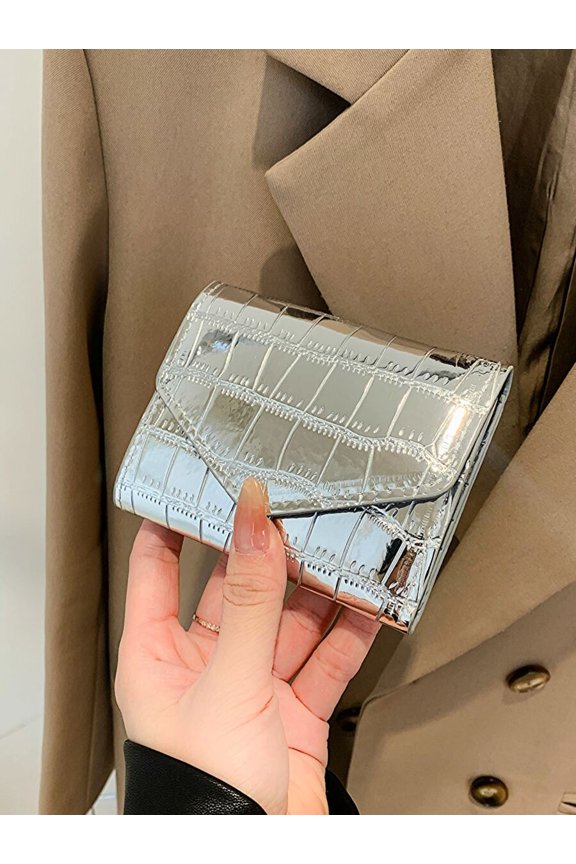 Silver Croc-Embossed PU Leather Envelope Mini Bifold Wallet