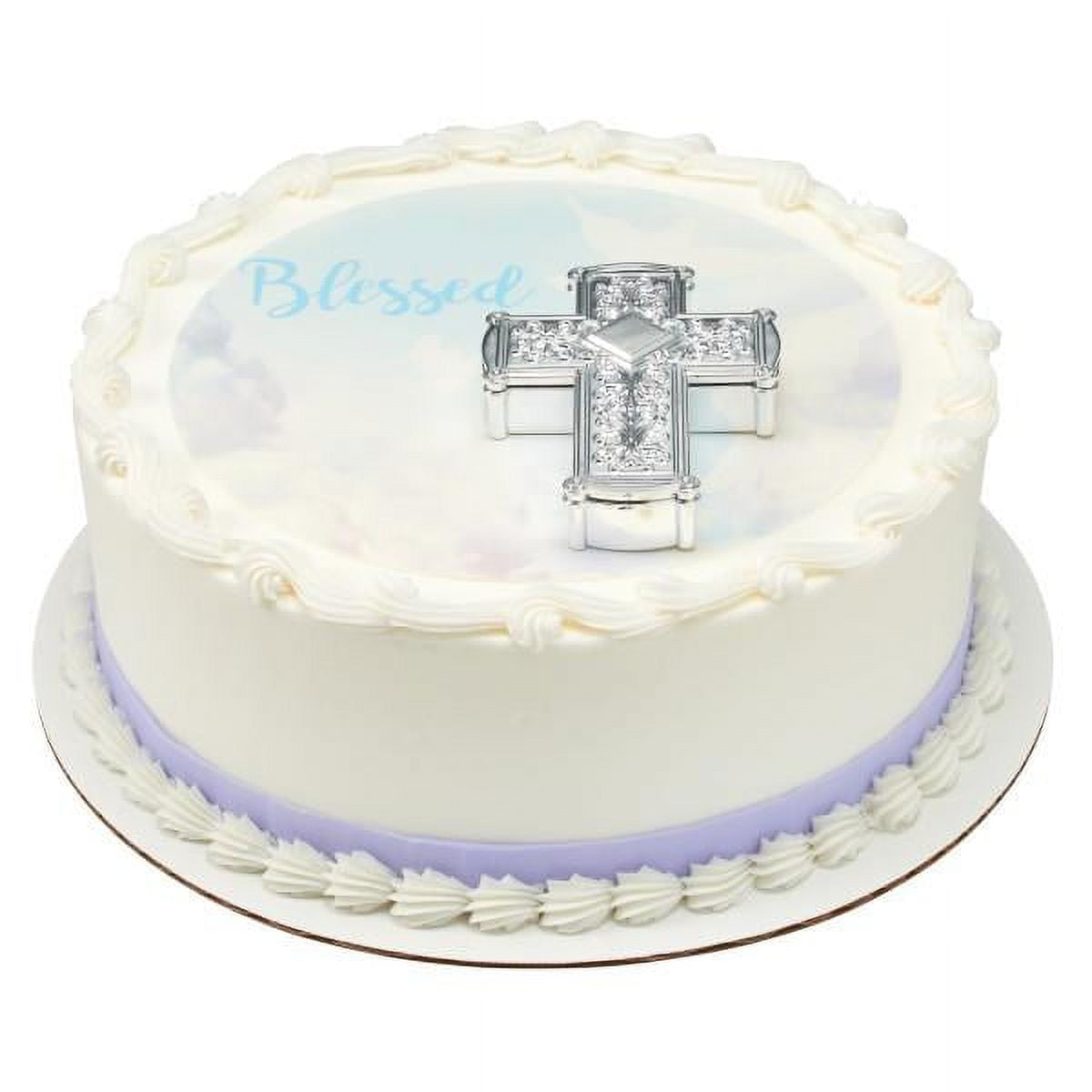 Silver Cross Blessed DecoSet with Round Edible Cake Topper Image ...