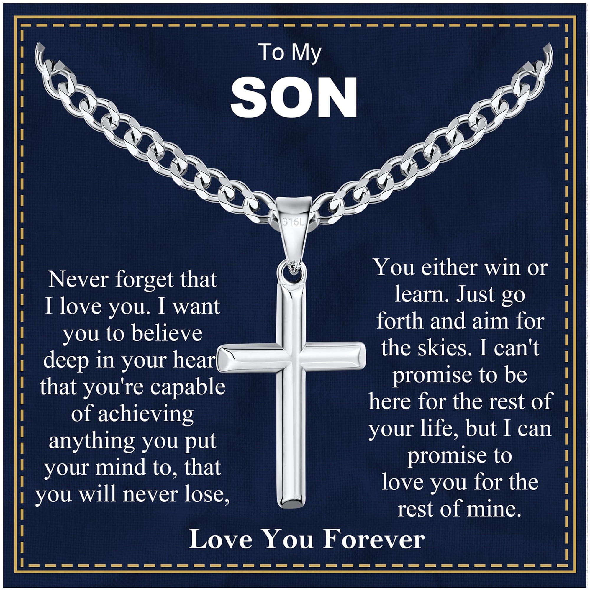 APSVO Silver Cross Necklaces for Men Boys to My Son Gifts from Dad Mom 316L Stainless Steel Cross Pendant Chain Religious Christian Birthday Christmas Jewelry Gifts Teen Stocking Stuffers for Kids