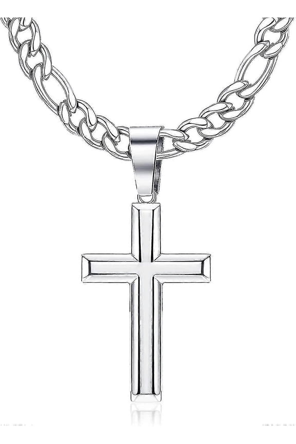 Silver Cross Necklace For Men Women Stainless Steel 5mm Diamond-cut Figaro Cross Chain Necklace Polished Beveled Edge Cross Pendant Neckl