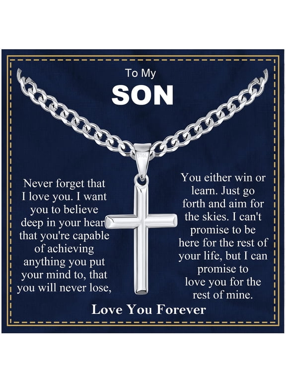 Silver Plated Cross Necklaces for Men to My Son Gifts from Dad Mom Stainless Steel Cross Pendant Chain Religious Christian Birthday Christmas Jewelry Gifts Teen Boys Stocking Stuffers Kids
