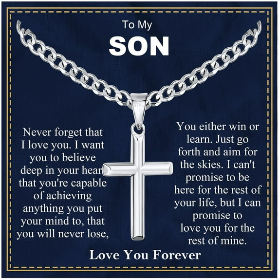 APSVO Silver Cross Necklaces for Men Boys to My Son Gifts from Dad Mom 316L Stainless Steel Cross Pendant Chain Religious Christian Birthday Valentines Day Jewelry Gifts Teen Him Tween Kids Ideas