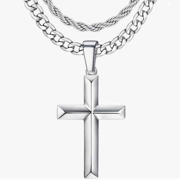 Silver Cross Necklace for Men - Layered Cross Pendant Necklaces Waterproof Stainless Steel Cuban Link Rope Chain Silver Necklace Stack Jewelry with Gift Box 16-30 Inches