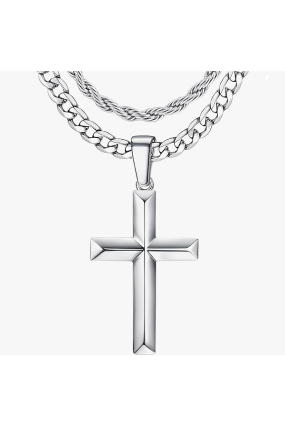 Silver Cross Necklace for Men - Layered Cross Pendant Necklaces Waterproof Stainless Steel Cuban Link Rope Chain Silver Necklace Stack Jewelry with Gift Box 16-30 Inches