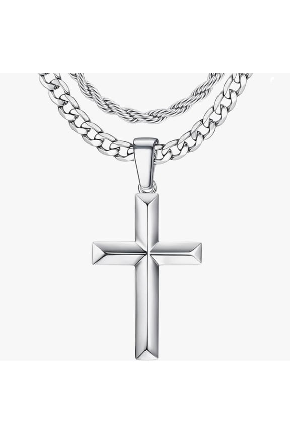 Silver Cross Necklace for Men - Layered Cross Pendant Necklaces Waterproof Stainless Steel Cuban Link Rope Chain Silver Necklace Stack Jewelry with Gift Box 16-30 Inches