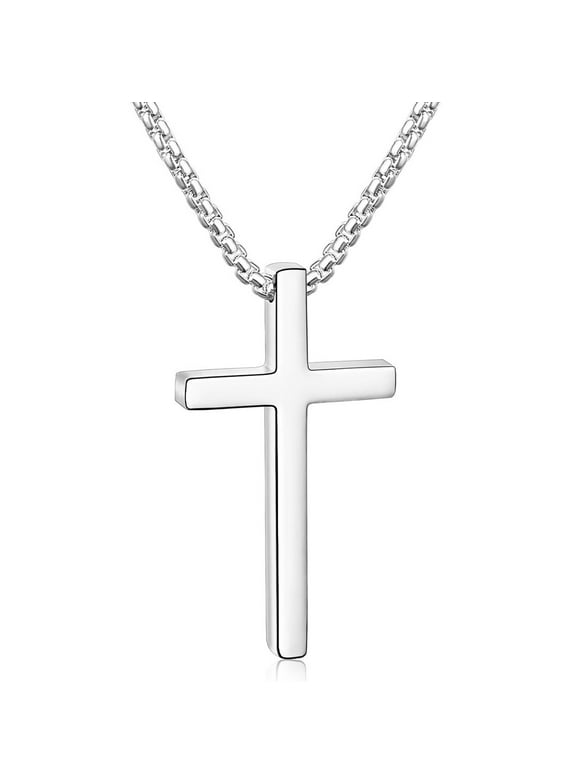 Silver Cross Necklaces for Men Boys Stainless Steel Cross Pendant Chain Catholic Religious Christian Birthday Valentines Day Jewelry Gifts Teen Him Boyfriend Son Dad Adults Male Kids Age Ideas
