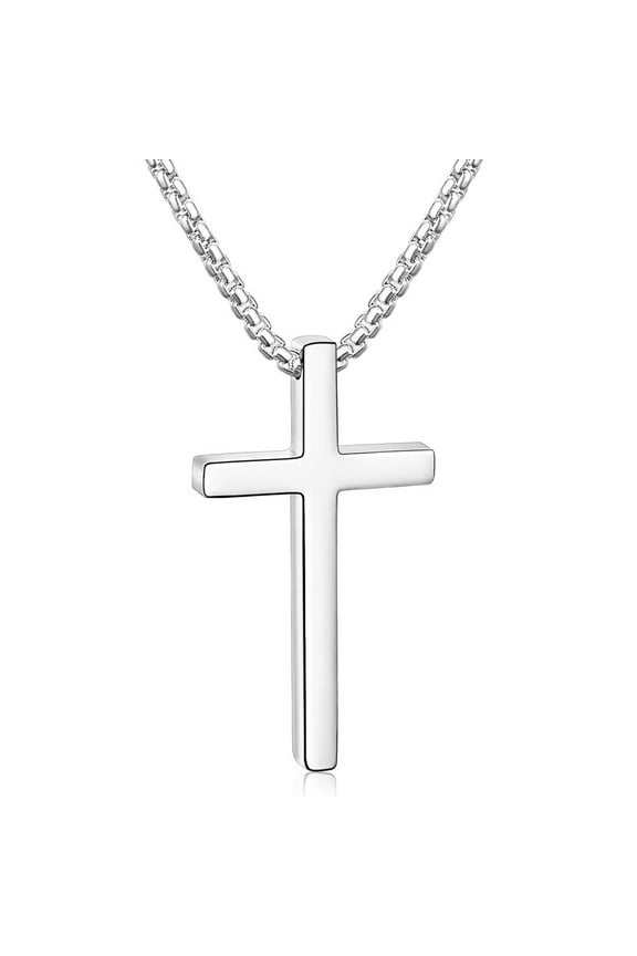 Silver Cross Necklaces for Men Boys Stainless Steel Cross Pendant Chain Catholic Religious Christian Birthday Valentines Day Jewelry Gifts Teen Him Boyfriend Son Dad Adults Male Kids Age Ideas