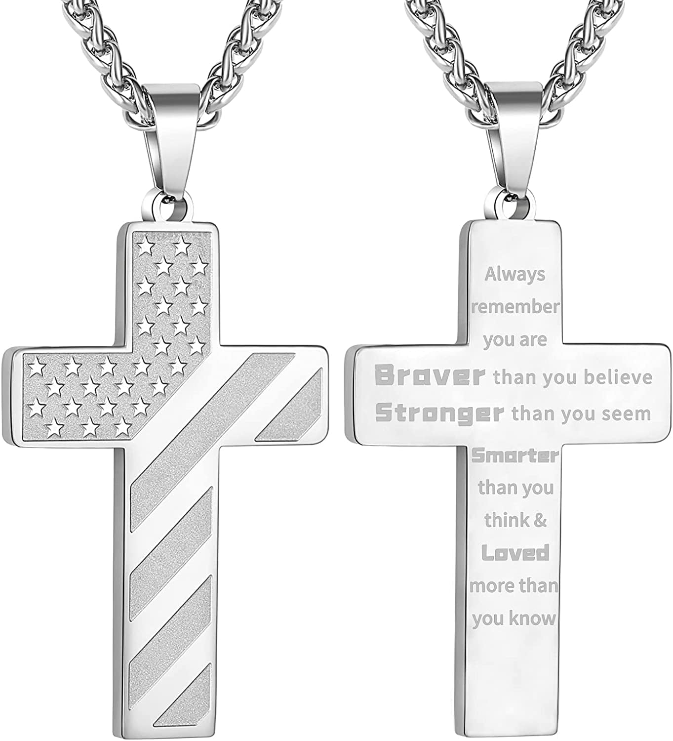 Silver Cross Necklace for Men Bible Verse Stainless Steel American Flag Pendant Chain for Boys Men