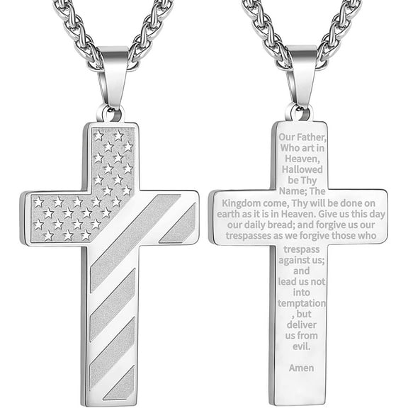 APSVO Silver Cross Necklaces for Men Boys American Flag Pendant Chain Catholic Christian Religious Birthday Valentines Day Jewelry Gifts Teen Him Dad Boyfriend Husband Male Son Adults Kids Age Ideas